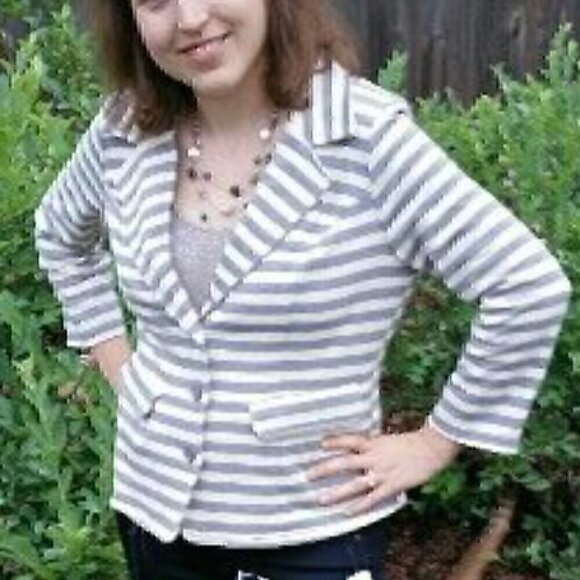 PIXLEY STITCH FIX Stripe Blazer Gray Cream Ivory French Terry 3/4 Sleeve Jacket - Picture 2 of 9